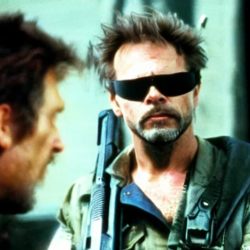 Prompt: michael biehn as solid snake, bandana, 1 9 8 7, 3 5 mm