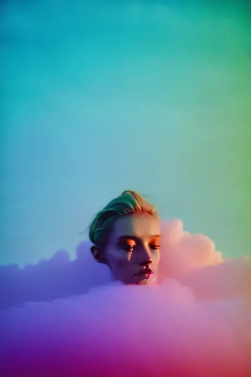 Image similar to high quality pastel coloured film close up wide angle photograph of a model wearing clothing swimming on cloud furniture in a icelandic black rock!! environment in a partially haze filled dreamstate world. three point light, rainbow. photographic production. art directed. pastel colours. volumetric clouds. pastel gradient overlay. waves glitch artefacts. extreme facial clarity. 8 k. filmic.