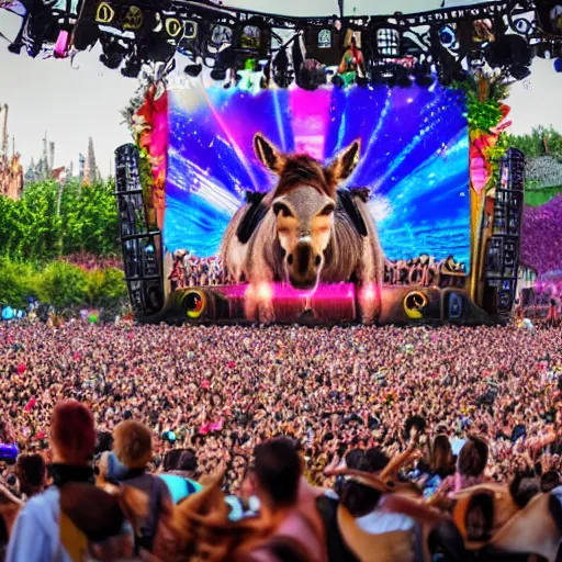 Image similar to A donkey DJ is shown on a giant screen at tomorrowland, 8k