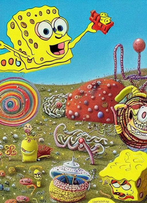 Image similar to spongebob in the style of codex seraphinianus. illustrated book, surreal