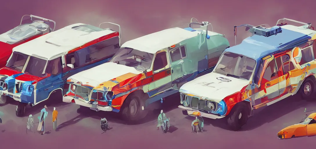 Prompt: retro medical vehicles concept art, colorful, 8 k photorealistic, hd, high details, trending on artstation