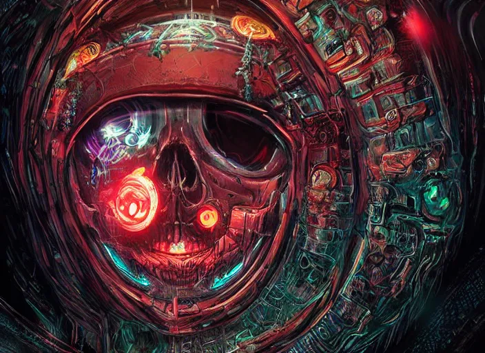 Image similar to a futuristic skull with glowing eyes and a wormhole tunnel cyberpunk art by android jones, featured on artstation, darksynth, synthwave