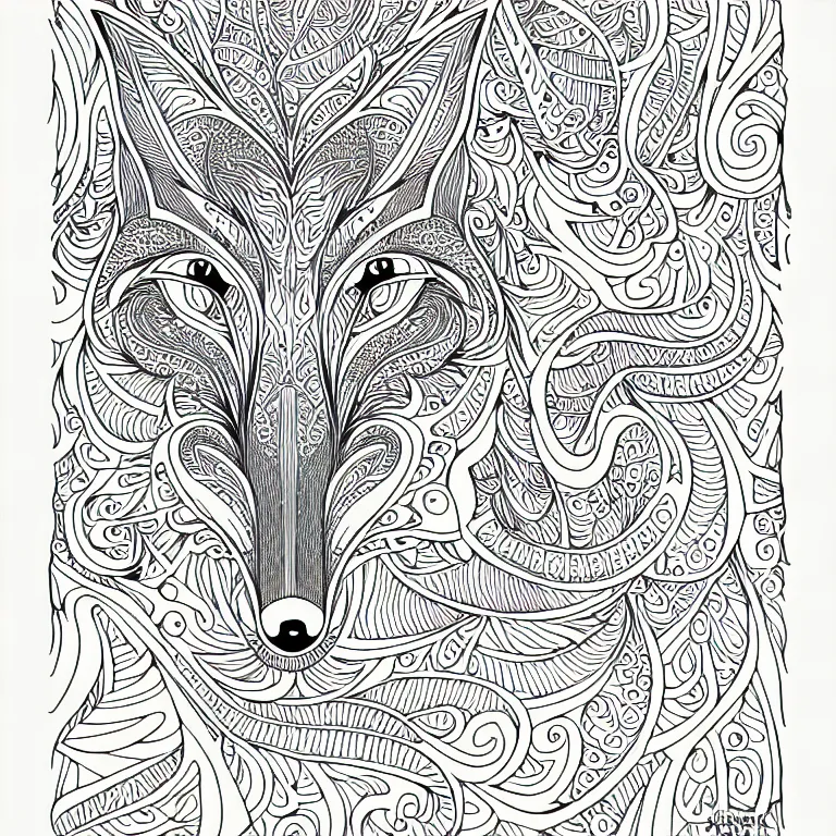 Image similar to fox ornaments fractal ink drawing line art colouring page, vector, margins, fine lines, centered