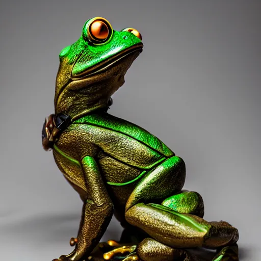 Prompt: a studio lighting photography of a steampunk amazon toxic frog sculpture