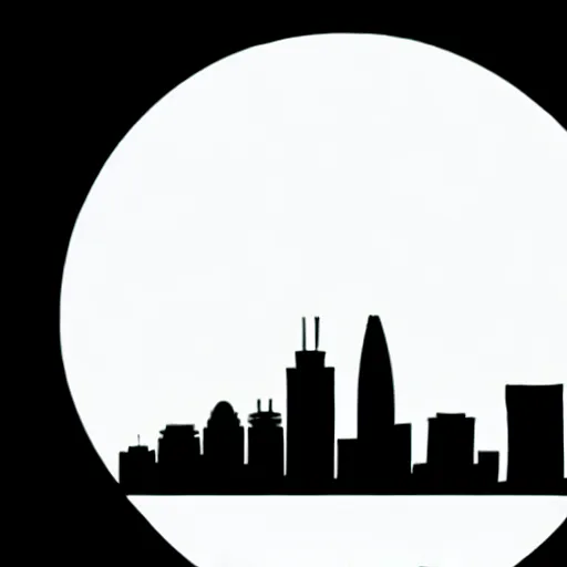 Image similar to a perfect circle, around the outer edge of the circle is the silhouette of a city skyline, inside the circle is empty, black and white, minimalist, in the style of a line drawing