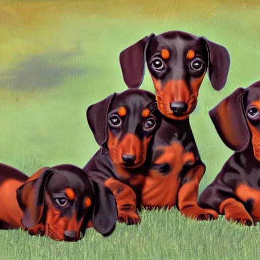 Prompt: color painting of many dachshund puppies nursing,