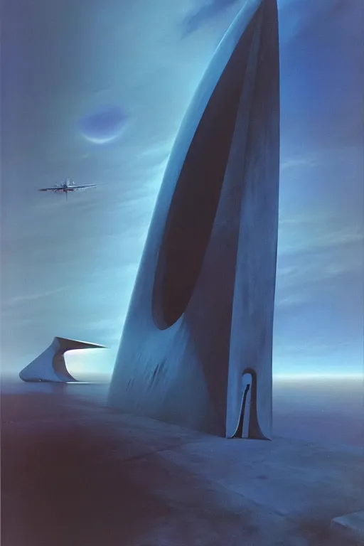 Image similar to emissary space by arthur haas and bruce pennington and john schoenherr, cinematic matte painting, zaha hadid building, photo realism, dark color palate, blue hour,