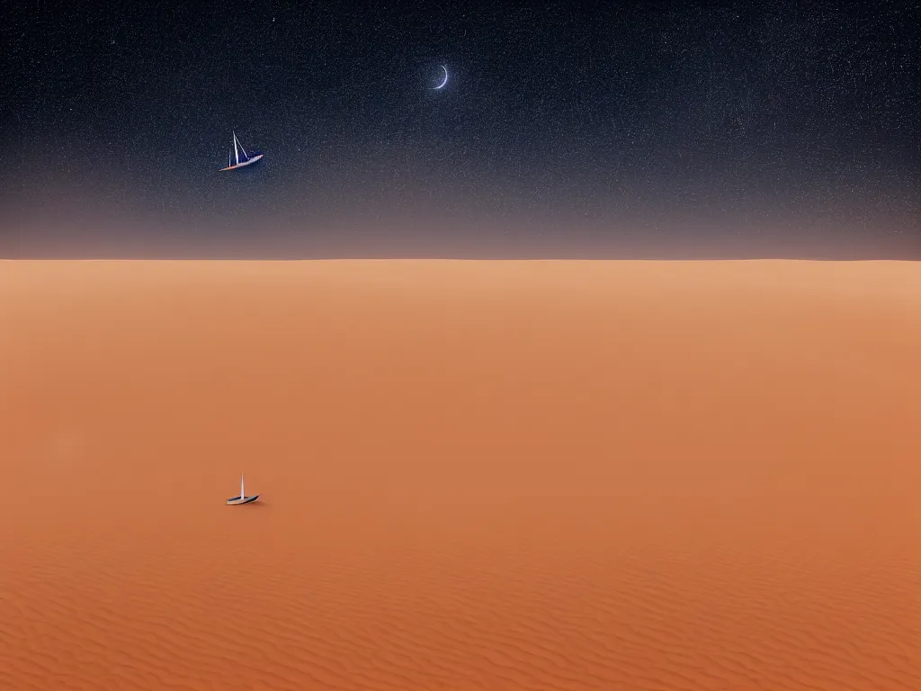 Image similar to cinematic, film grain, photography, epic composition, realistic, 3 5 mm, a small sailboat sailing in the a sandstorm, in the sahara desert, midnight, starry sky, shooting stars, octane rendering, 8 k, epic lighting