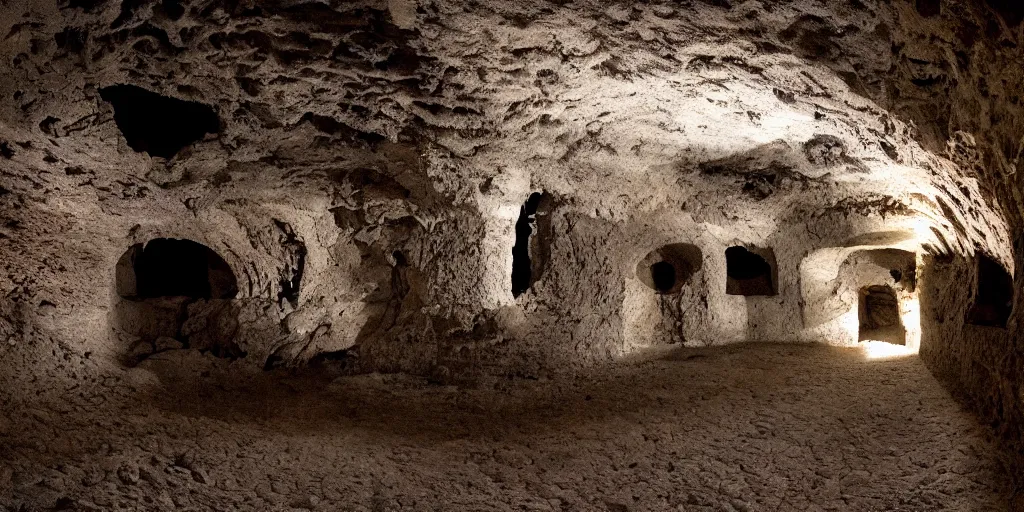 Prompt: playing amongst the catacombs, landscape wide angle cinematic