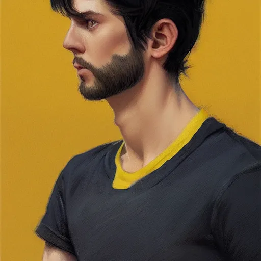 Prompt: ultra realistic illustration, a young man with black hair, in a yellow t - shirt, with blue eyes, highly detailed, digital painting, artstation, concept art, smooth, sharp focus, illustration, art by artgerm and greg rutkowski and alphonse mucha