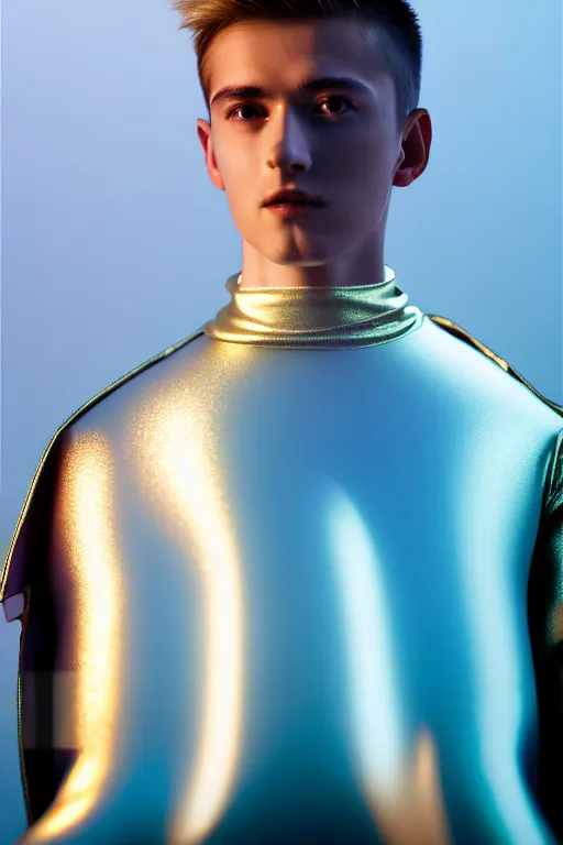 Image similar to un ultra high definition studio quality photographic art portrait of a young man standing on the rooftop of a british apartment building wearing soft baggy inflatable padded silver iridescent pearlescent clothing. three point light. extremely detailed. golden ratio, ray tracing, volumetric light, shallow depth of field. set dressed.