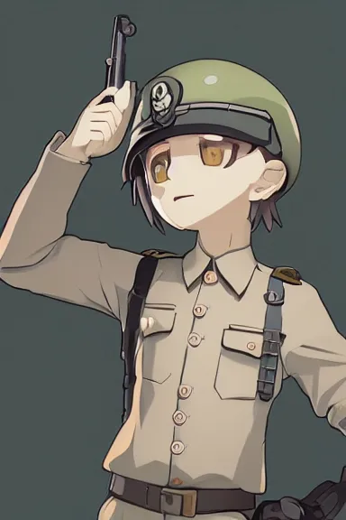Prompt: beautiful little boy in nazi male uniform posing with an gun. made in abyss art style, sharps focus, cute detailed artwork, anatomically correct, ilya kuvshinov, reflection, perfect composition, wallpaper mobile, digital art, detailed anime soft face, symmetrical face, western comic, illustration, realistic, smooth, lois van baarle, soft details, illumination