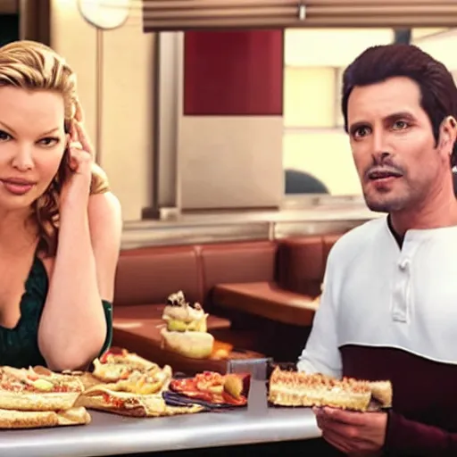 Image similar to catherine heigl and tenth is khan eating sandwiches at a diner, ultrarealistic, photorealistic, 8 k, ultra hd