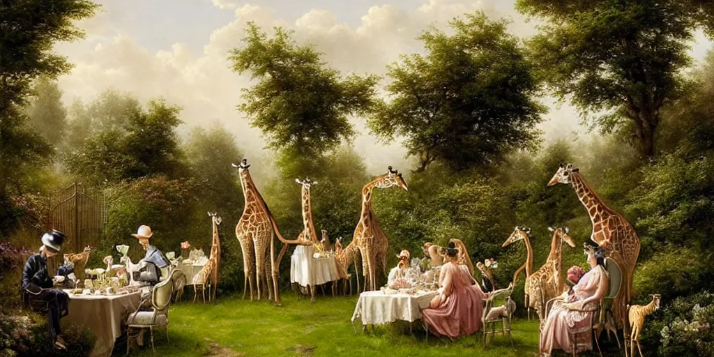 Prompt: elegant victorian tea party with giraffes in an english summer garden patio, hyper realistic greg rutkowski - h 7 6 8