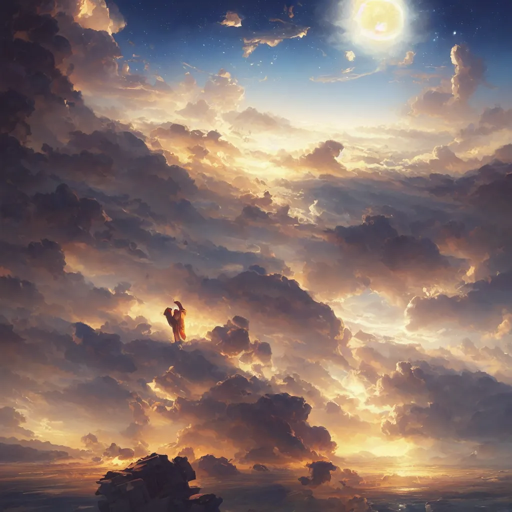 Image similar to a sending down [ of the revelation ] from him who created the earth and the lofty heavens, overdetailed art, by greg rutkowski, by rhads, sharp focus