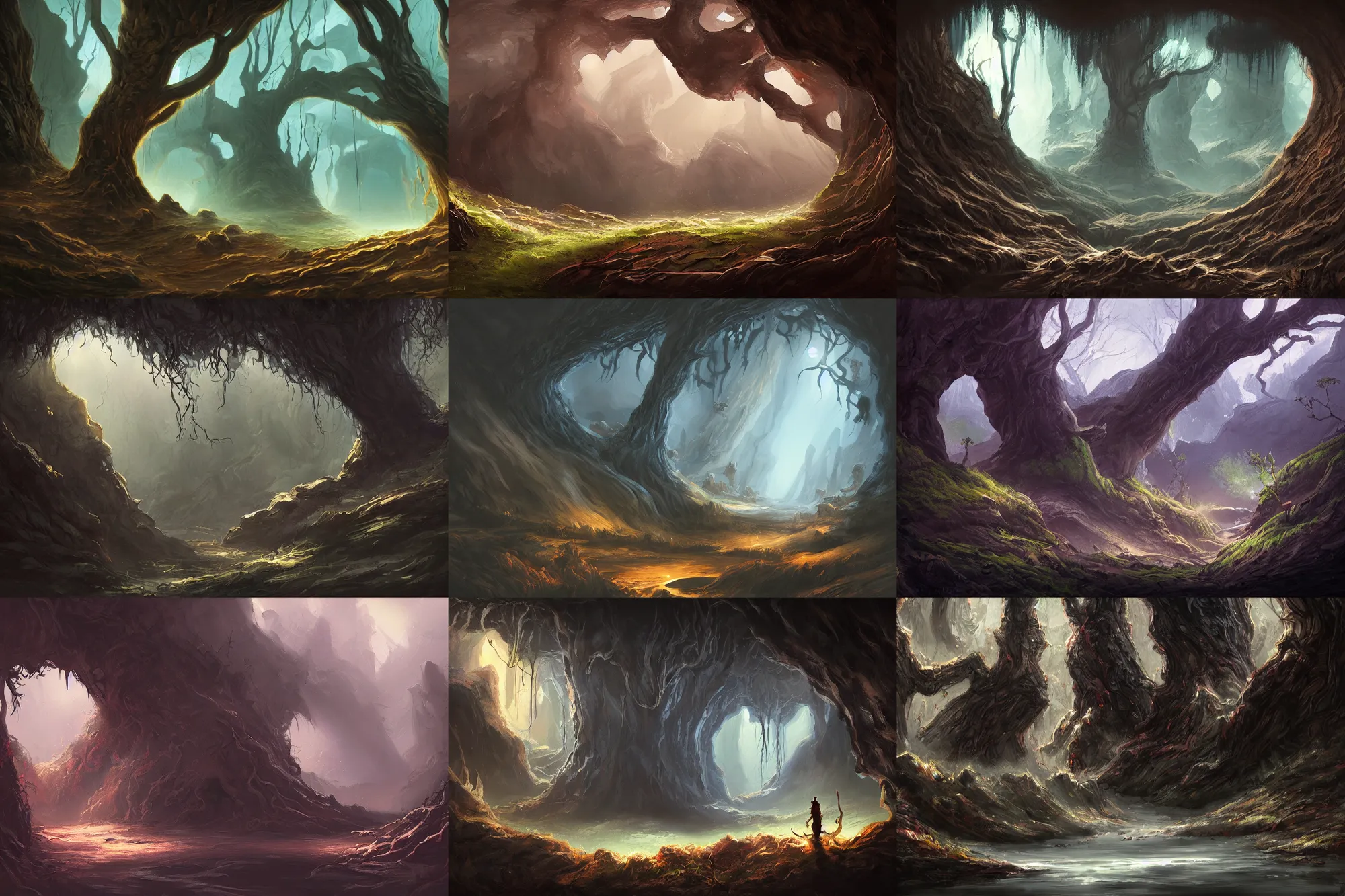 Prompt: beautiful painting of a dark cave landscape surrounded by tree roots, fantasy, digital art, trending on artstation