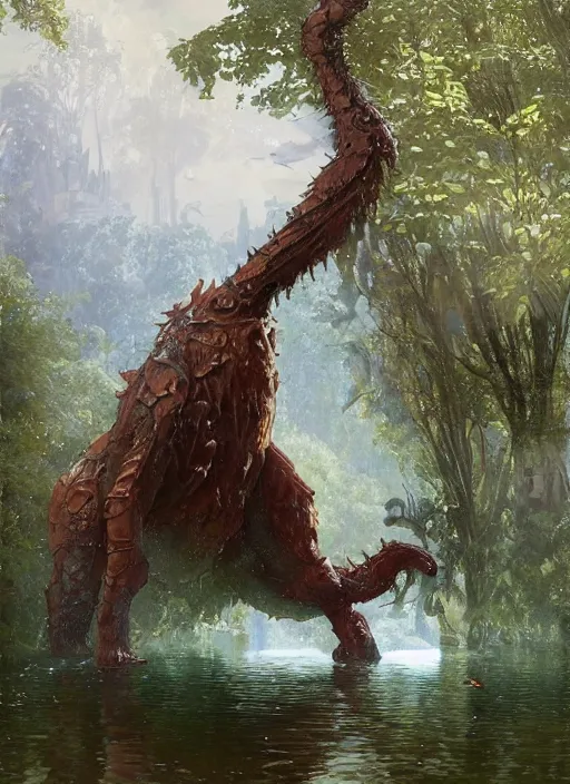 Image similar to huge towering beastly monstrous creature emerging from lake in urban park on sunny day, splashing, partially submerged, water cascading, by sergey kolesov and lawrence alma tadema and norman rockwell and greg staples and craig mullins and john berkey and ruan jia, artstation creature art