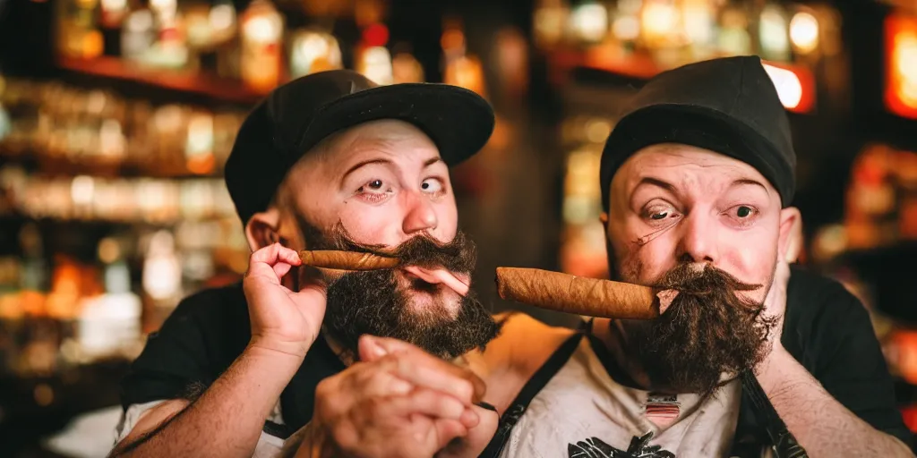 Prompt: Weird baby with a beard and mustache smoking a big cigar in a bar, (EOS 5DS R, ISO100, f/8, 1/125, 84mm, postprocessed, crisp face, facial features)