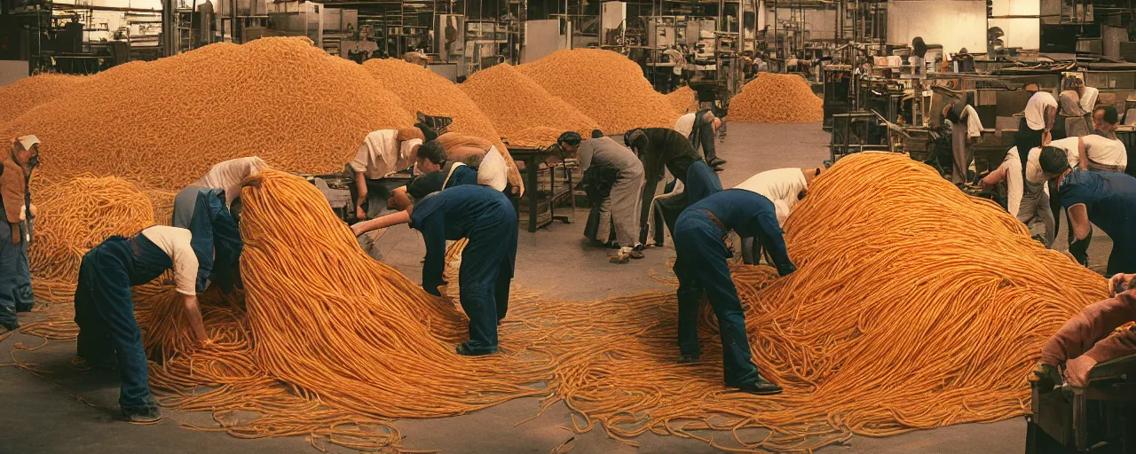 Image similar to a factory with workers handling giant mounds of spaghetti, canon 5 0 mm, cinematic lighting, photography, retro, film, kodachrome, closeup