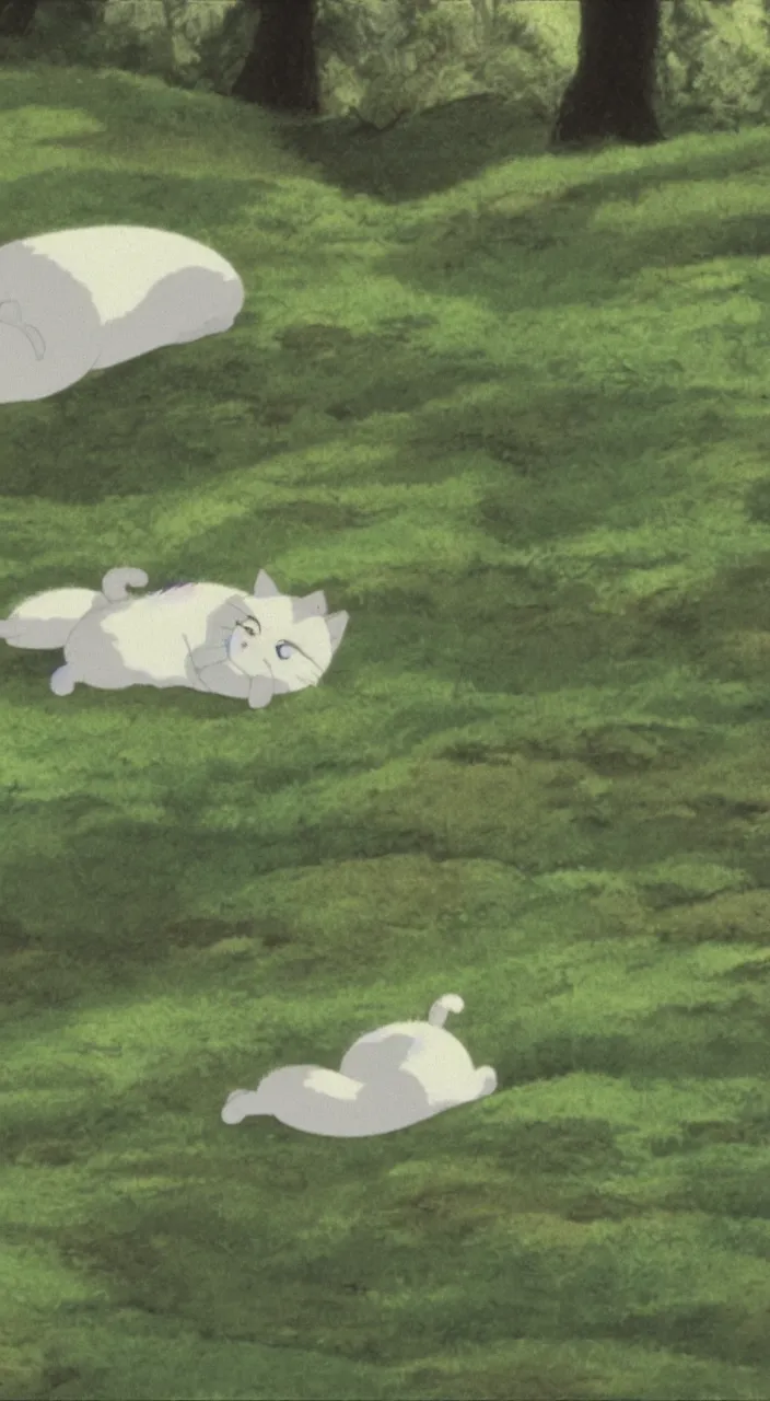 Image similar to fat cat rolling down a hill, screenshot from the film by studio ghibli