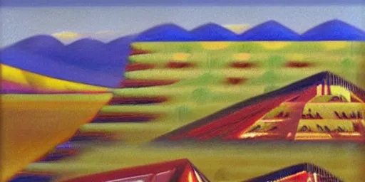 Prompt: Art deco style oil on canvas, landscape from an adventure game theme wizards and cowboys