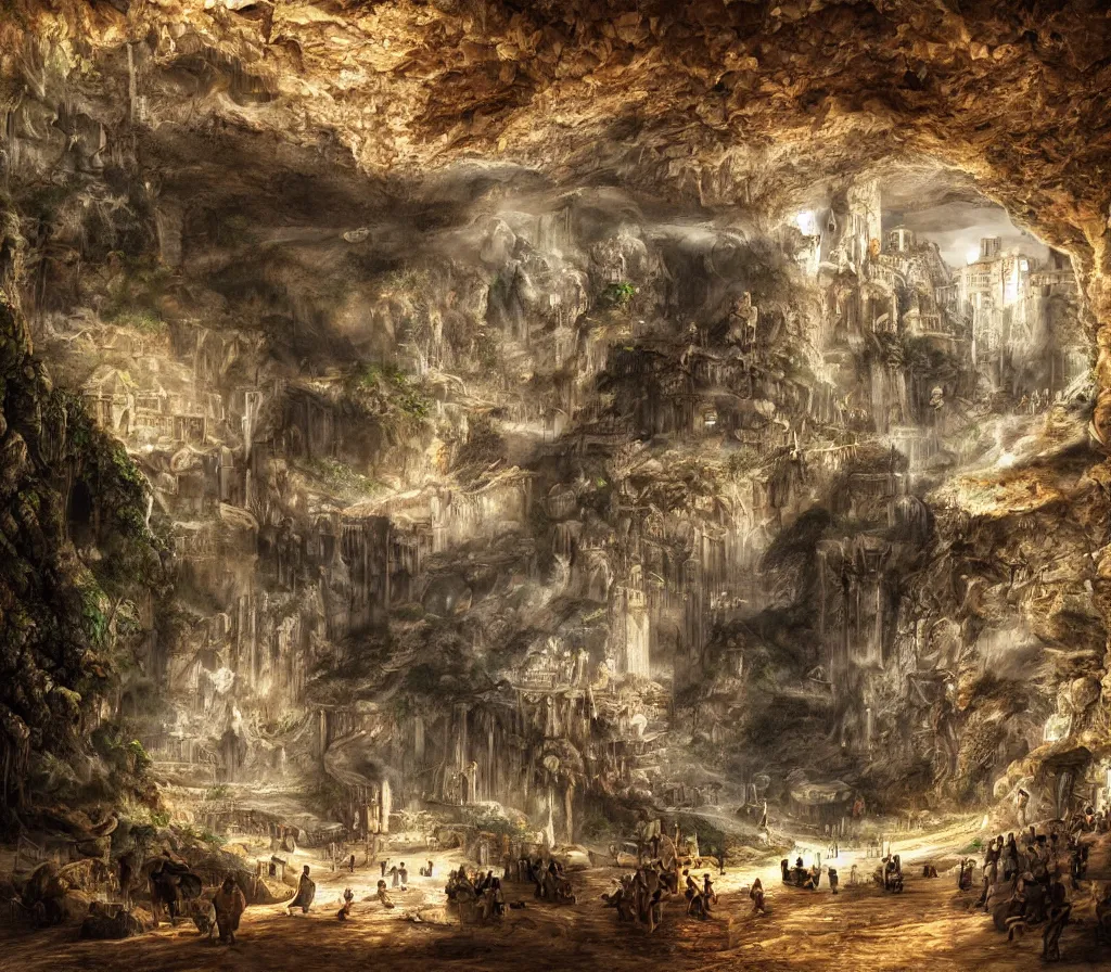 Image similar to the city of Rome but underground in an impossibly large cave,fantasy art,realistic,high quality,detailed