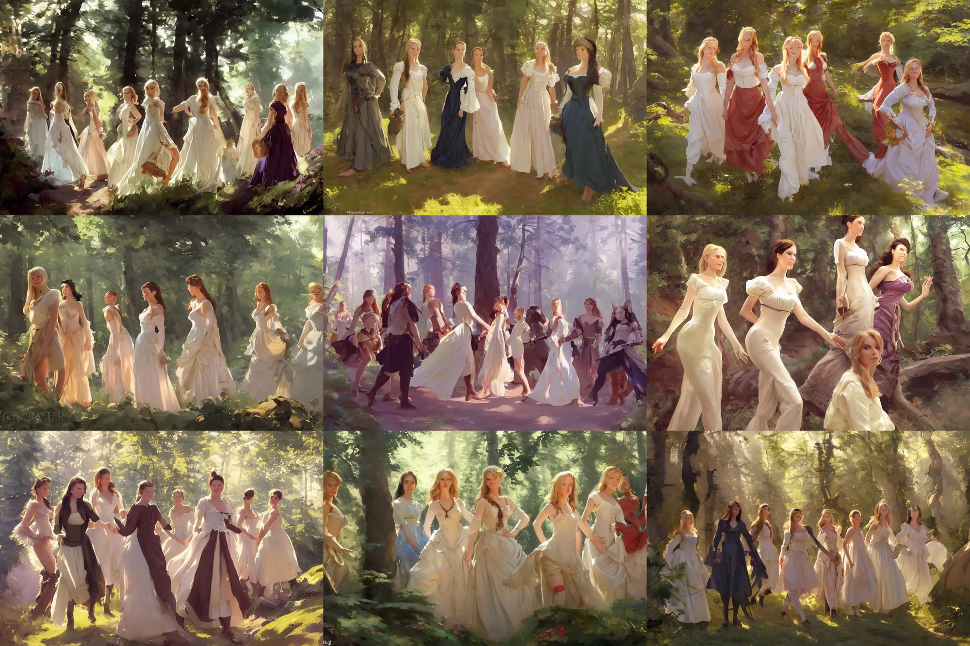 Prompt: group of finnish norwegian swedish scandinavian attractive glamour models wearing 1 7 th century bodice with low neckline walking in enchanted forest in a sunny day, jodhpurs greg manchess painting by sargent and leyendecker, studio ghibli fantasy medium shot asymmetrical intricate elegant matte painting illustration hearthstone, by greg rutkowski by greg tocchini by james gilleard