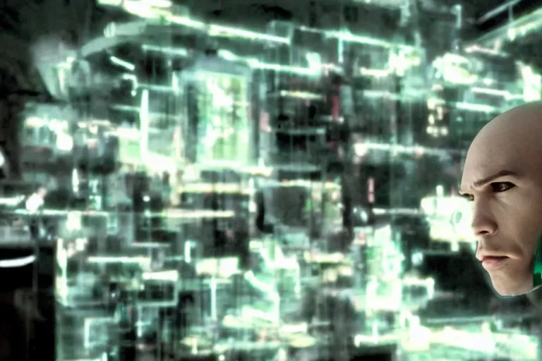 Image similar to cyborg - pitbull, surrounded by screens, in 4 0 5 5, y 2 k cybercore, industrial low - light photography, still from a kiyoshi kurosawa movie