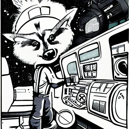 Image similar to a raccoon janitor messing with the controls on a spaceship, comic book illustration