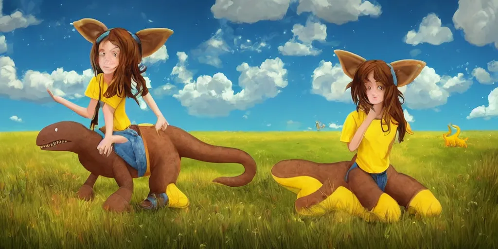 Image similar to “young woman with brown hair, floppy animal ears and short horns, a yellow t-shirt and blue overalls riding a dinosaur in a beautiful field, lo-fi digital art, beautiful composition, trending on artstation and deviantart, masterpiece”