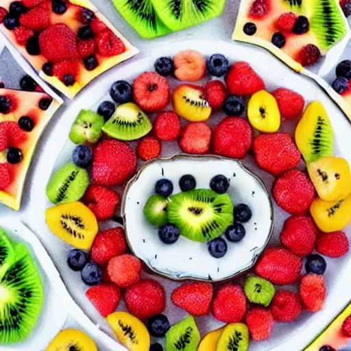 Prompt: beautiful photo of the pyramids made of fruit pieces on a white plate, dslr