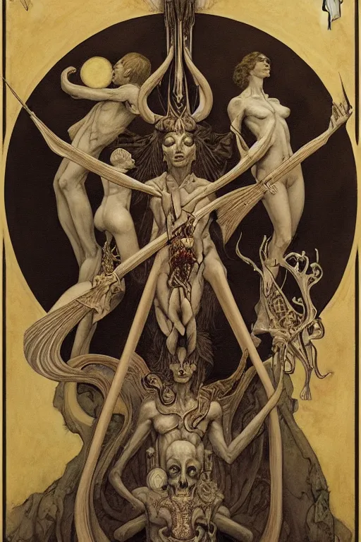 Prompt: occult diagram of the trumpet of spirit conversation in the style of wayne barlowe, gustav moreau, goward,  Gaston Bussiere and roberto ferri, composition by austin osman spare