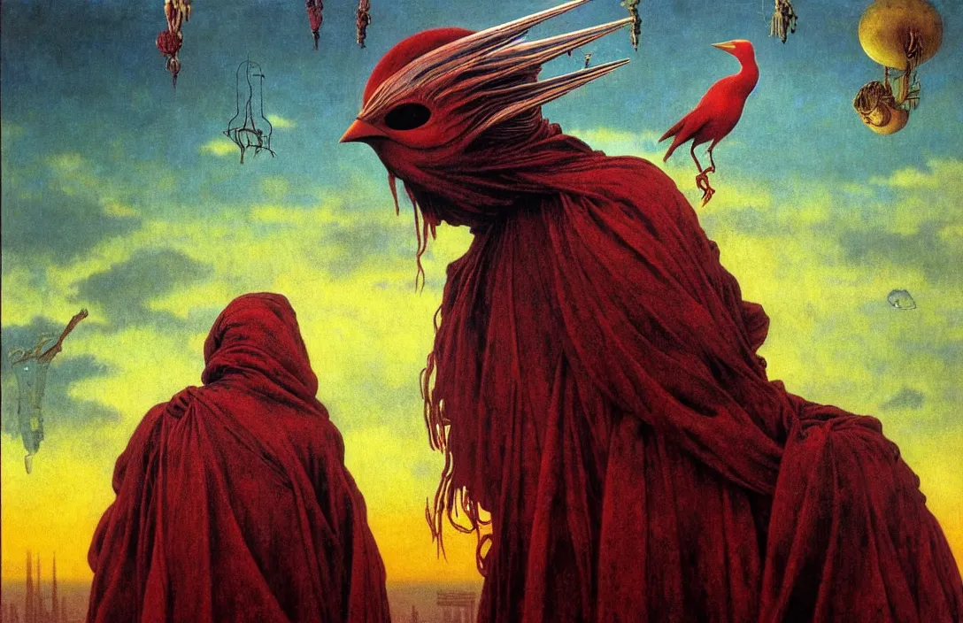 Image similar to realistic detailed portrait movie shot of a birdman wearing dark ragged robes, sci fi city sunset landscape background by denis villeneuve, amano, yves tanguy, alphonse mucha, ernst haeckel, max ernst, roger dean, masterpiece, rich moody colours, bird head, blue eyes