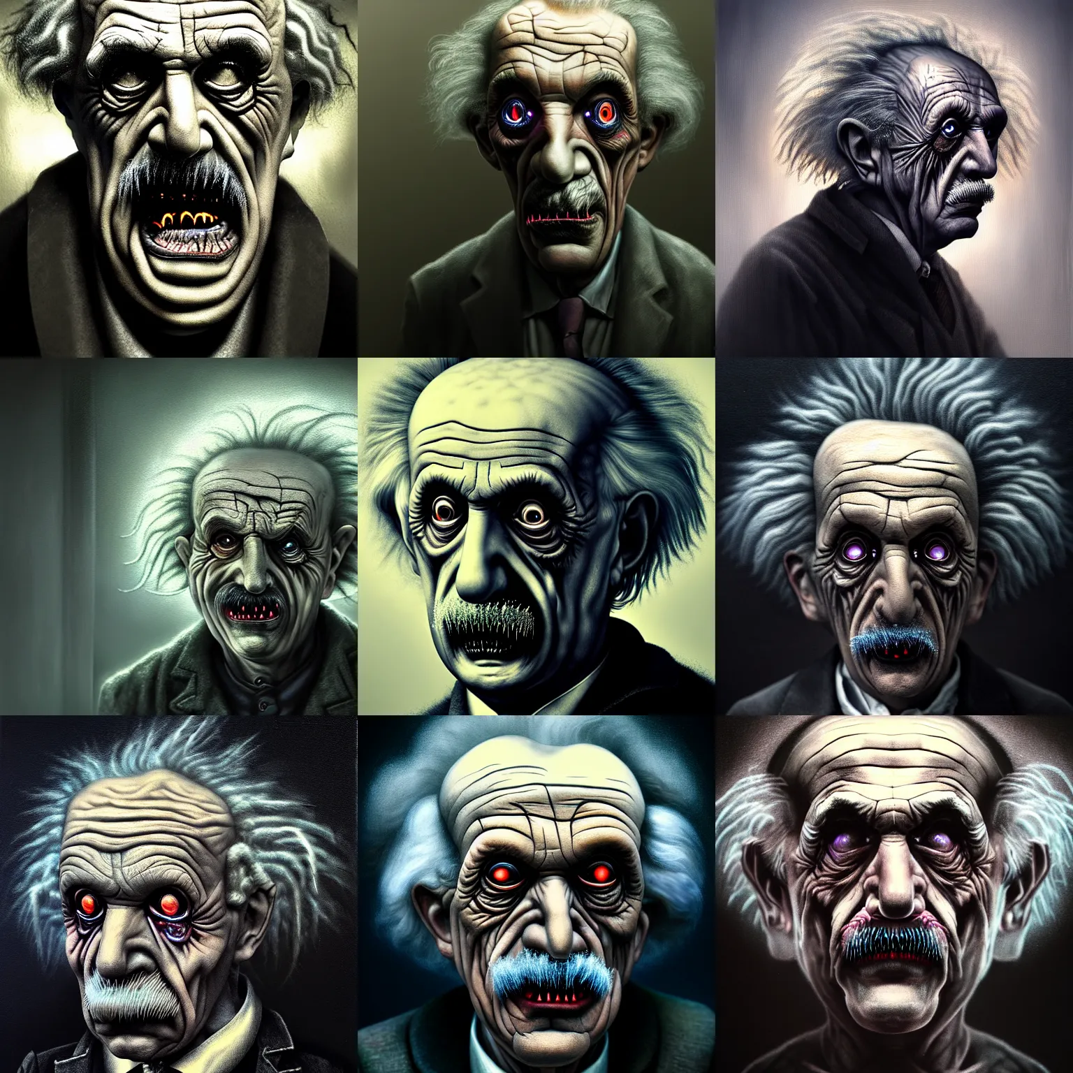 Prompt: elder man mix of einstein and frankenstein, creepy, horror, foggy, 2 point lights, oleo painting, highly detailed, 8 k, photorealistic, art concept, artstation, sharp focus