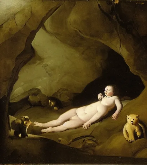 Image similar to looking into dark cave with a mother bear and her cubs sleeping, night time, artwork by Pieter Claesz