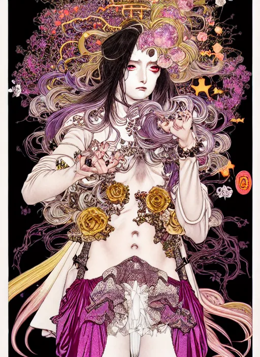 Image similar to highly detailed terada katsuya artstation ayami kojima manga poster of princess mechine open mouthed enraged damaged angry zombie, rainbow gradient reflection, long hair, armor, dress, laces, ruffles, 8 k, maximalist,, jump comics, tomer hanuka, alphonse mucha