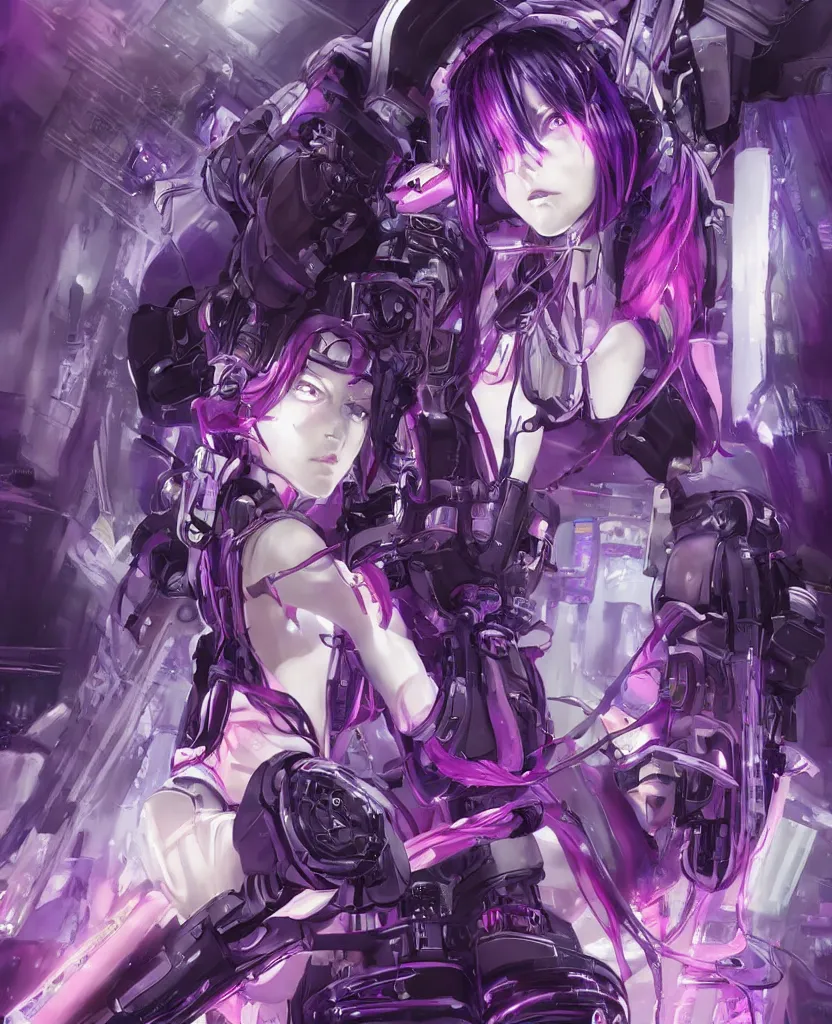 Image similar to A beautiful painting of a cyberpunk anime girl with purple hair and an a huge robot arm sensual stare, augmentations and cybernetic enhancements neon circuits, by Stanley Artgerm Lau, WLOP, Rossdraws, James Jean, Andrei Riabovitchev, Marc Simonetti, and Sakimichan, trending on artstation, hyperrealist, cinema4D, 8k highly detailed ❤️‍🔥 🔥 💀 🤖 🚀