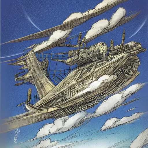 Image similar to Sky ship from the Edge Chronicles flying over the English countryside. Illustration by Chris Riddell