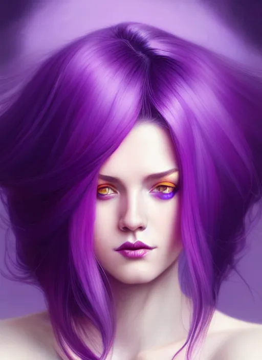 Prompt: Purple hair relistic Portrait of woman with bright colored hair, all shades of purple. Beauty face, Hair coloring, fantasy, intricate, elegant, highly detailed, digital painting, artstation, concept art, smooth, sharp focus, illustration, art by artgerm and greg rutkowski and alphonse mucha