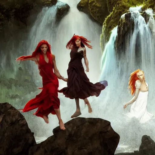 Image similar to an extremely detailed portrait of four polyamorous red haired witches dancing while hiding from a thunderstorm in a cave behind a waterfall, epic fantasy, viewed in profile from far away, sharp focus, detailed face, art by greg rutkowski and alphonse mucha, volumetric lighting, 4 k resolution, trending on artstation, masterpiece