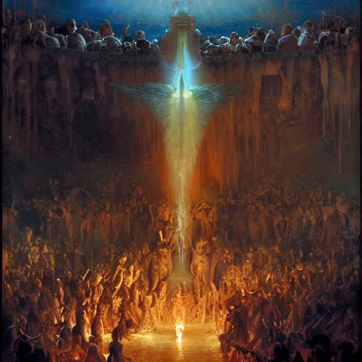 Image similar to alvah angelrune water portal to hell located in heaven, crowd of people, rule of thirds, 4 k, dark bright effect, highly detailed painting by gaston bussiere, craig mullins, j. c. leyendecker