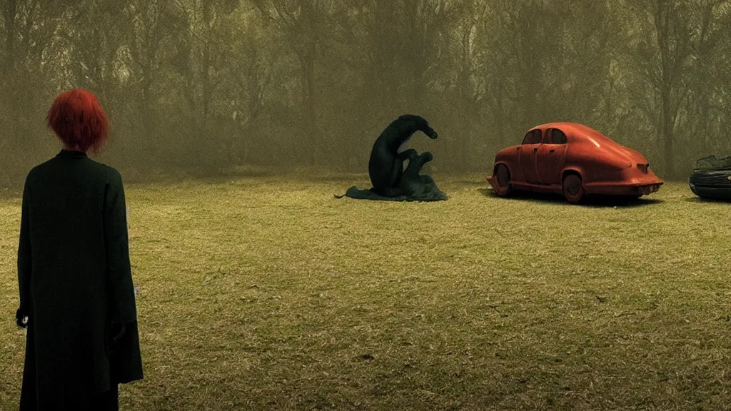 Prompt: the strange creature waits by the car, made of Chlorophyll and blood, film still from the movie directed by Denis Villeneuve with art direction by Salvador Dalí, wide lens