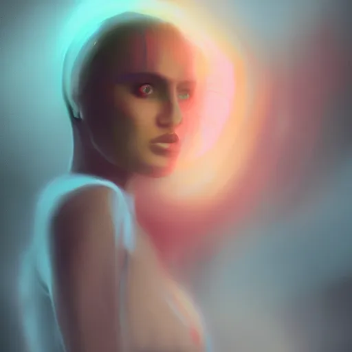 Image similar to portrait of blade runner rachael, digital art, art by artgem, indoor light, volumetric lighting, digital painting, smokey background, concept art, trending on artstaion