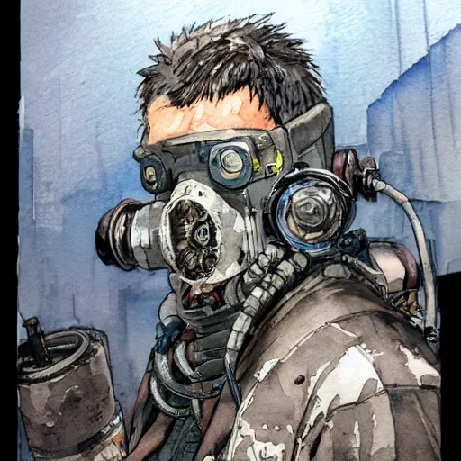 Image similar to watercolor of a cyberpunk mechanic, realistic, detailed, Industrial Scifi, in the style of Ashley Wood and Moebius