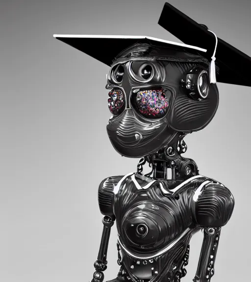 Image similar to a portrait of a extremely intricately detailed beautiful robot wearing on its head a highly detailed perfect render black graduation hat, realism. concept art. unreal engine 5, f / 1. 8, v - ray, ultra hd, 8 k, graduation photo, atmospheric beautiful background and beautiful lighting. hyper realism.