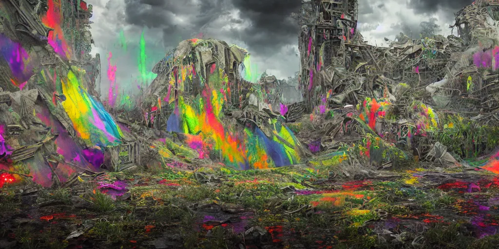 Image similar to ruination, outright devastation, landscape, intricate complexity, horror, rainbow drip paint, psychedelic glitch art, trending on art station, photoreal, 8k, octane render