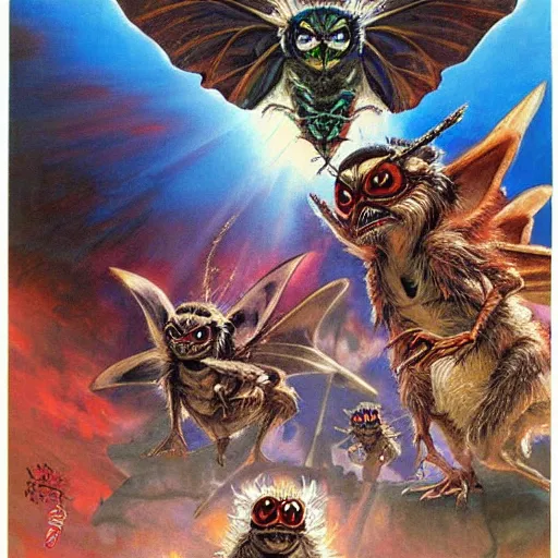 Prompt: gremlins vs mothra art by Noriyoshi Ohrai