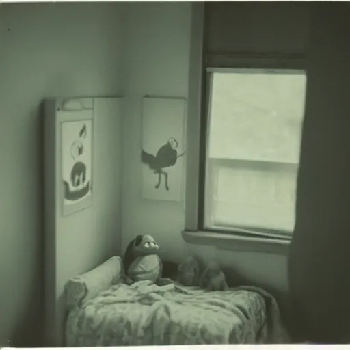 Image similar to Polaroid of a child's bedroom with kermit the frog in the corner 1988, liminal space