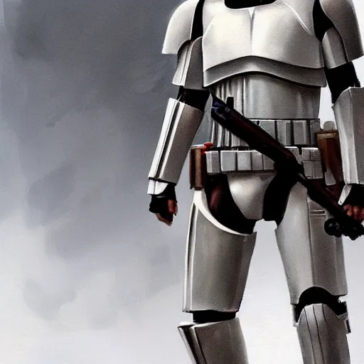 Image similar to an extremely long shot of an imperial stormtrooper walking concept art by Doug Chiang cinematic, realistic painting, high definition, very detailed, extremely high detail, photo realistic, symmetrical, concept art, the Mandalorian concept art style