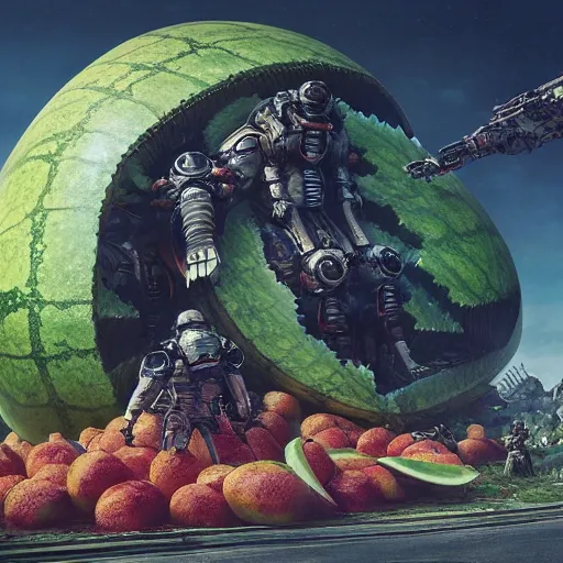 Prompt: Concept Digital Art Highly detailed giant Watermelon warlord protecting Ukrainian city from Orks by Taras Shevchenko and Stephen Hickman and Beeple. Very highly detailed 8K,Pentax 67, Kodak Portra 400 in style of Hiromasa Ogura Ghost in the Shell, the golden ratio, rational painting